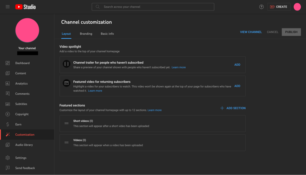 youtube channel customization layout tab