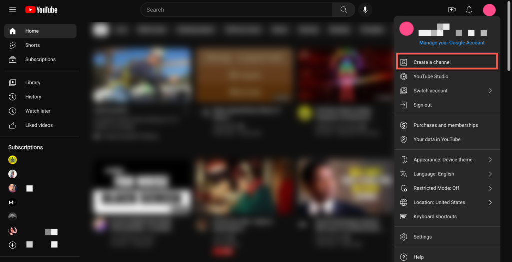 youtube create a channel button