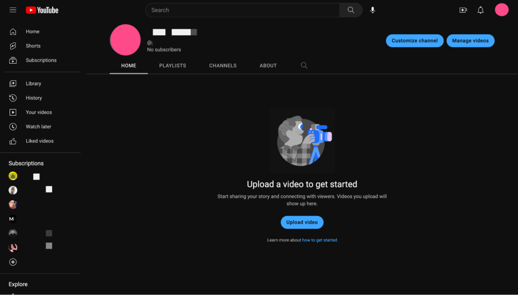 youtube upload video get started screen