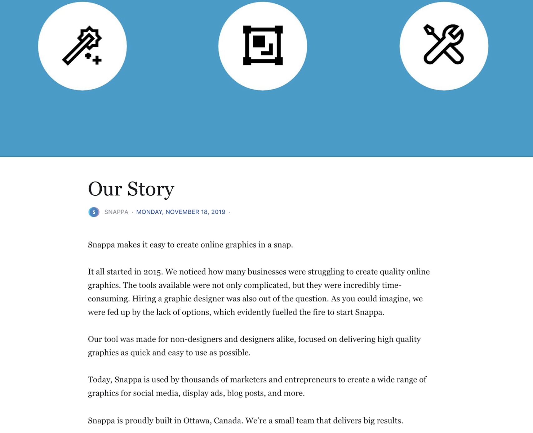 Facebook Our Story section for Pages