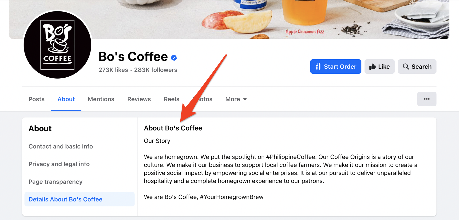 Facebook bio story section example from Bo's Coffee Facebook Page