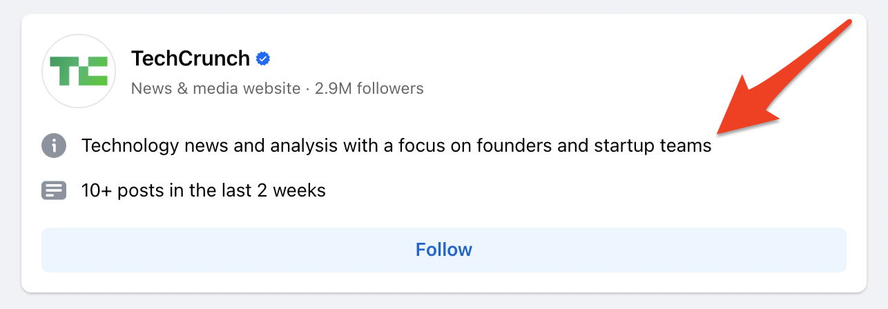 Facebook bio in search results from Techcrunch's Facebook Page