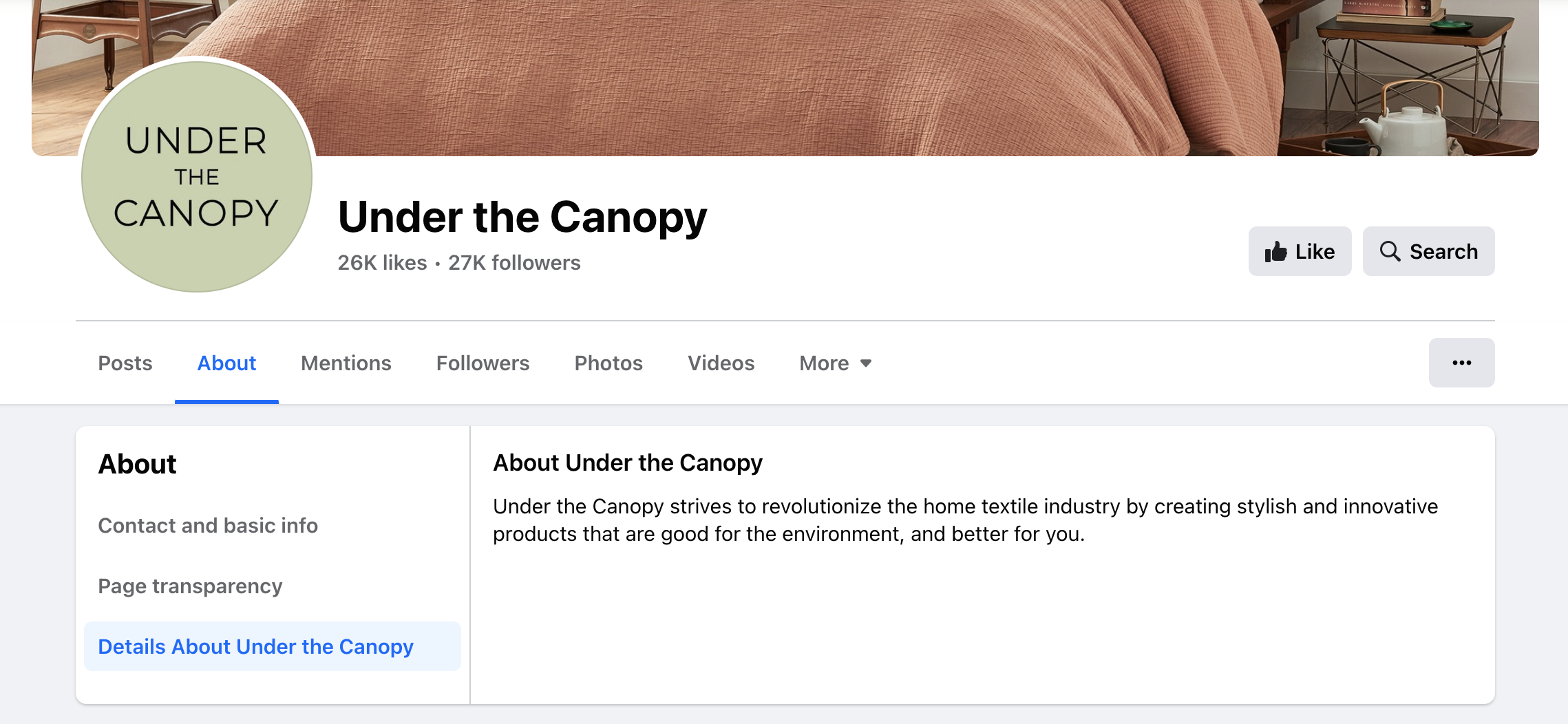 Facebook About description example from Under The Canopy's Facebook Page