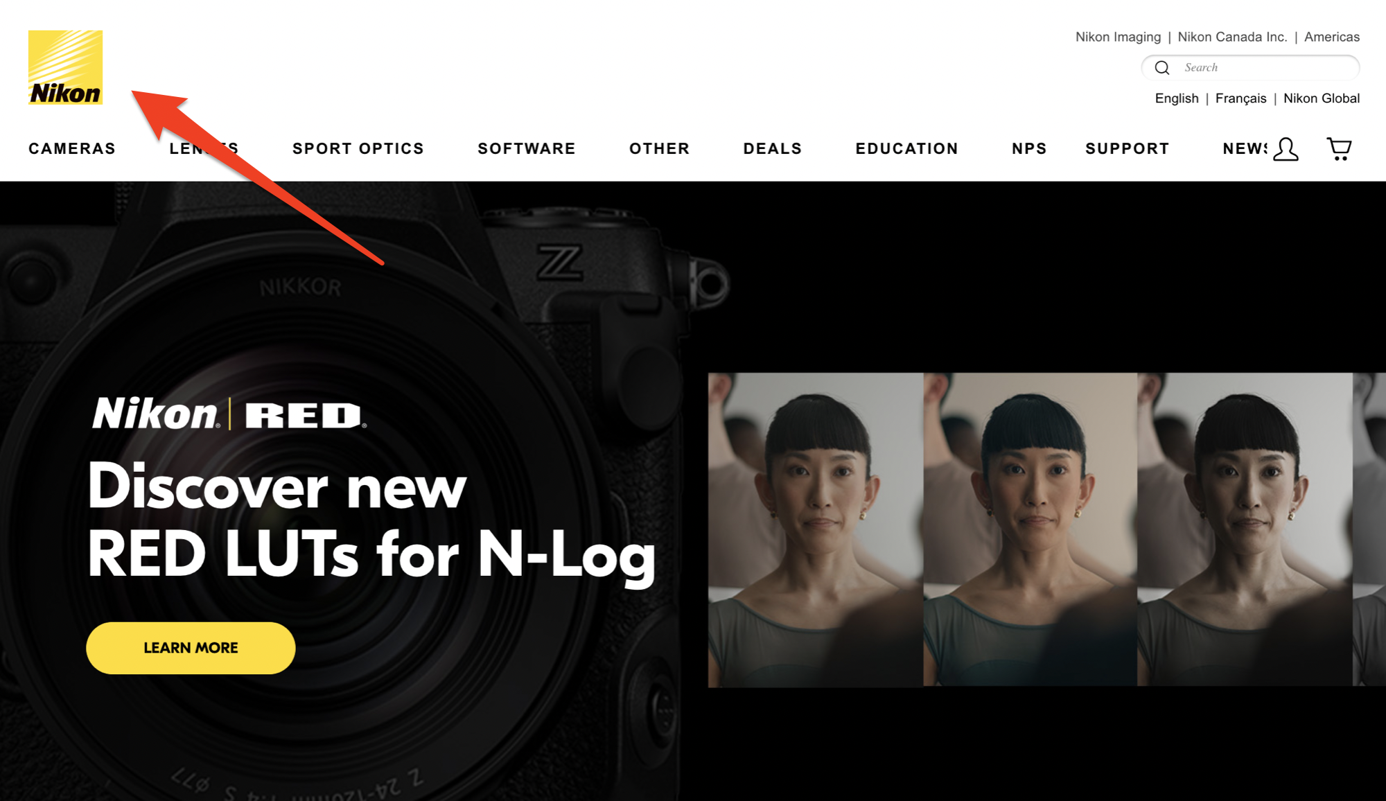 Website header logo size example from Nikon