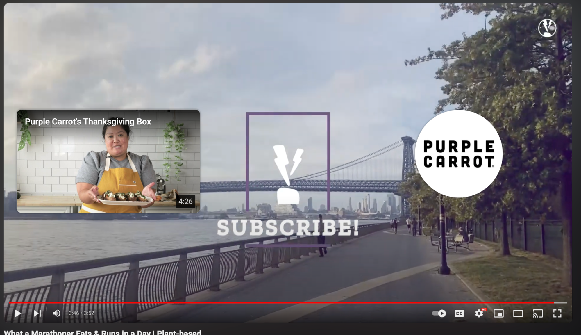 Purple Carrot YouTube end screen encouraging users to subscribe. 