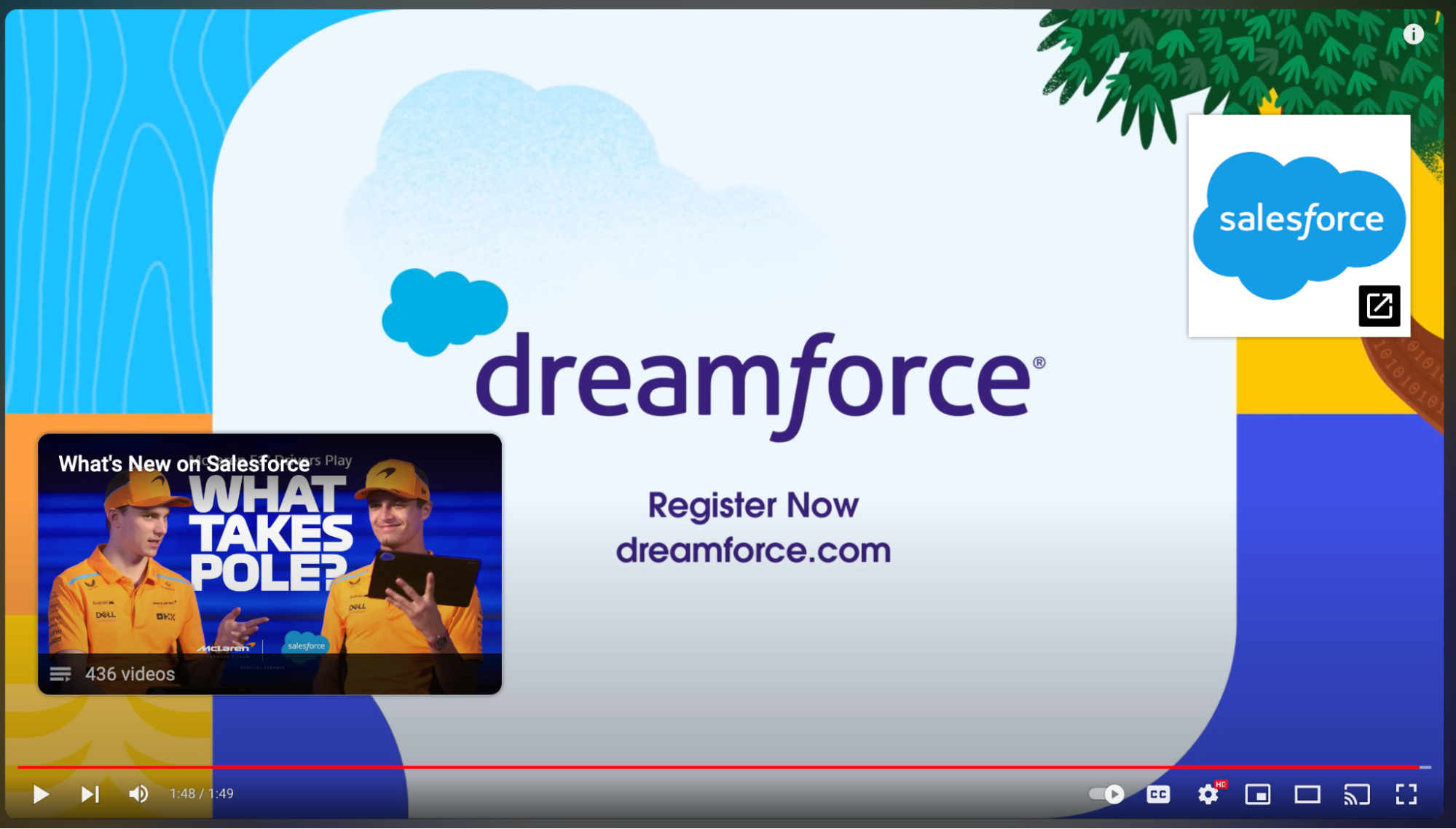 Salesforce YouTube video end screens encouraging users to attend their next event. 